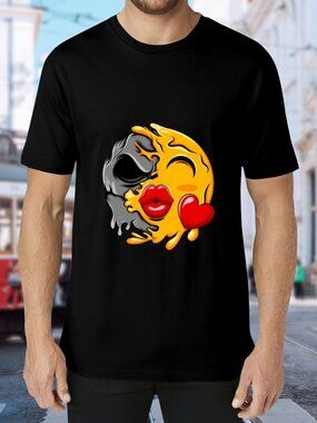 Black Short Sleeve Tee with Yellow & Red Kiss Emoticon Graphic